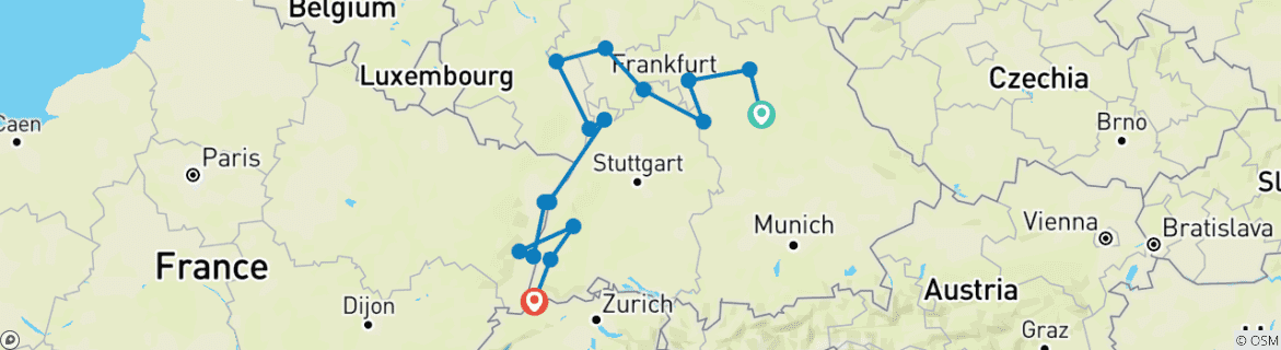 Image of a map showing the route of the tour