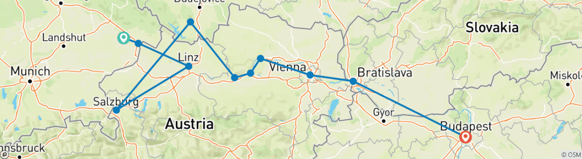 Image of a map showing the route of the tour