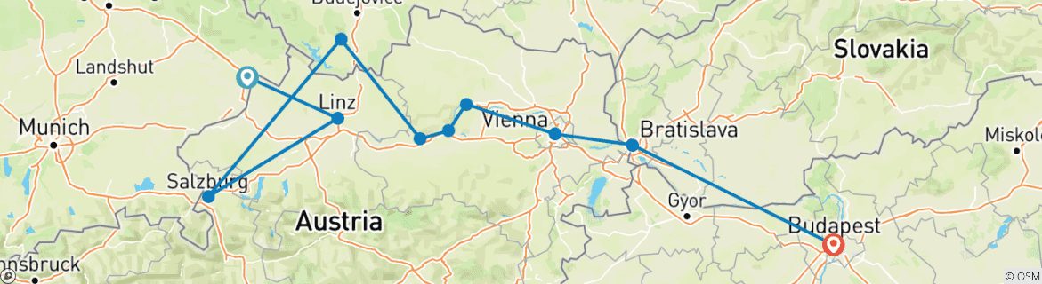 Image of a map showing the route of the tour