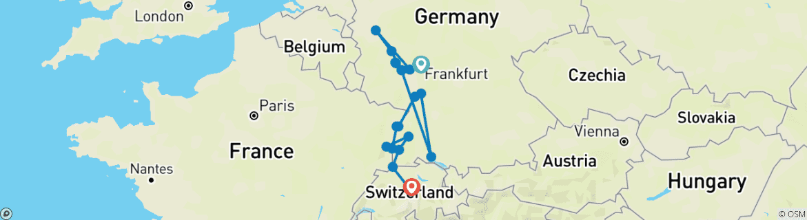 Image of a map showing the route of the tour