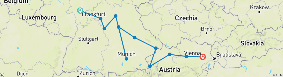 Image of a map showing the route of the tour