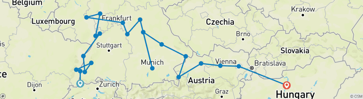 Image of a map showing the route of the tour