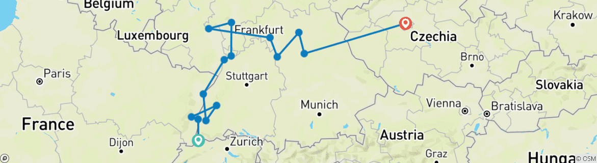Image of a map showing the route of the tour