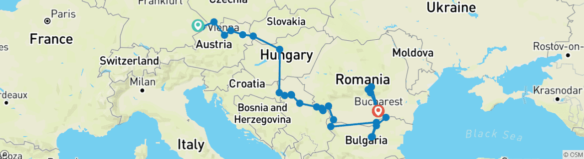 Image of a map showing the route of the tour