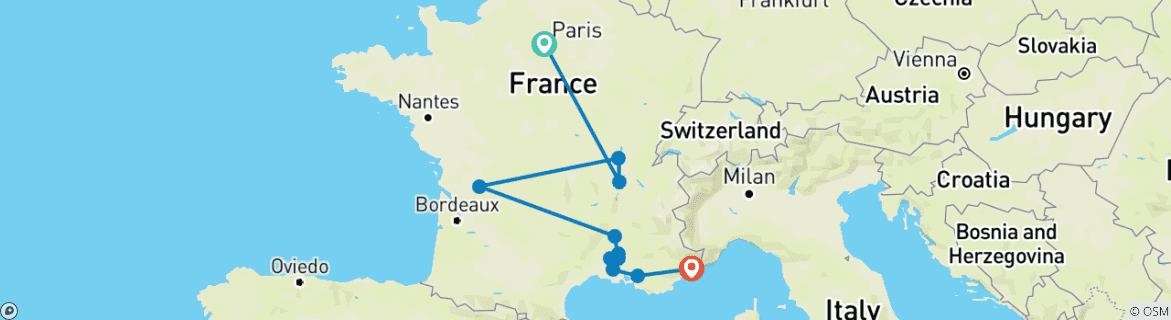 Image of a map showing the route of the tour