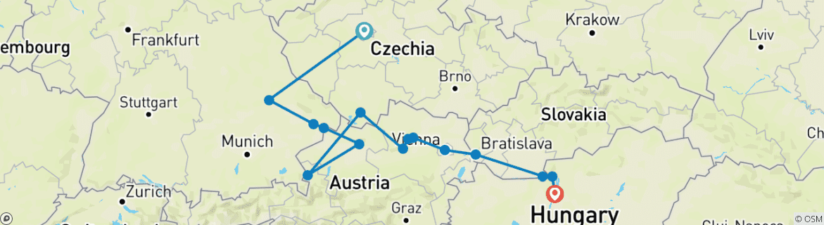 Image of a map showing the route of the tour