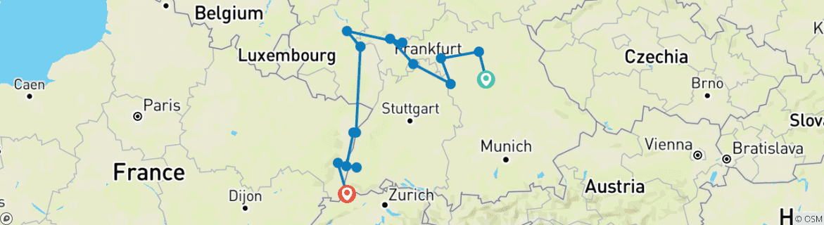 Image of a map showing the route of the tour