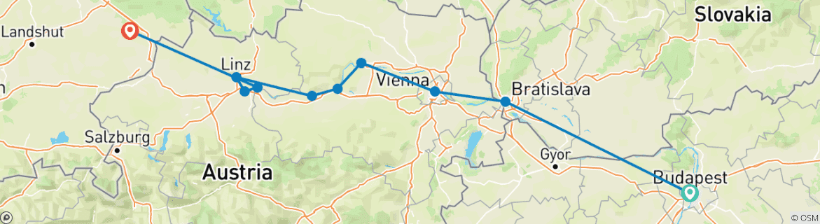 Carte du circuit Danube Symphonie avec 1 nuit à Budapest (vers l'ouest) 2027