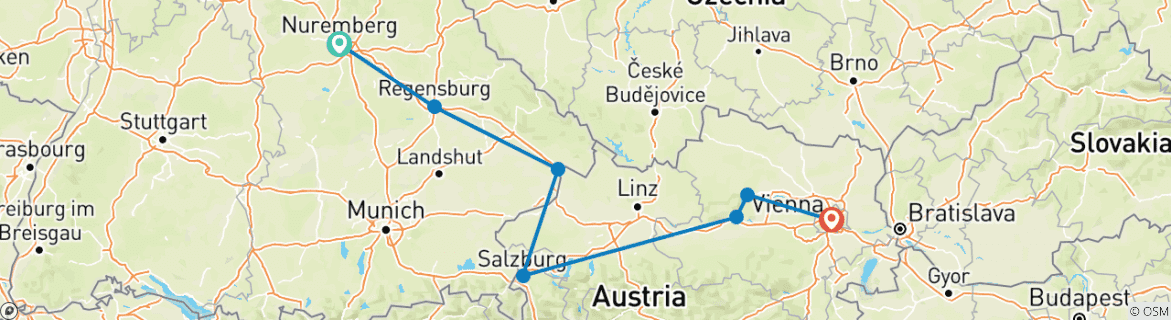 Image of a map showing the route of the tour