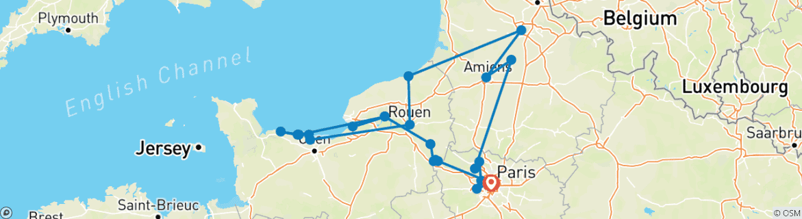 Image of a map showing the route of the tour