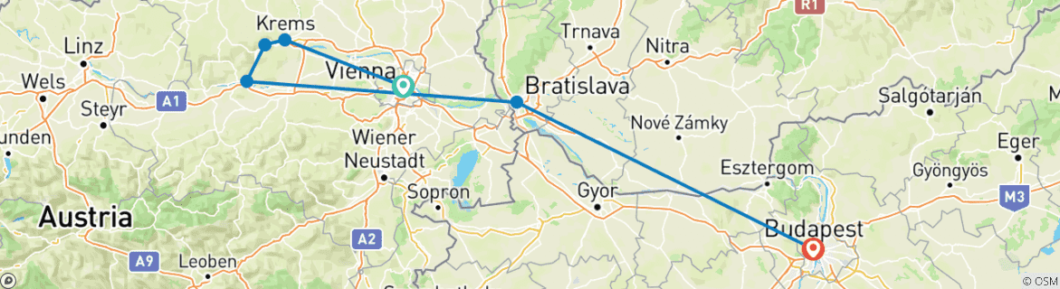 Image of a map showing the route of the tour