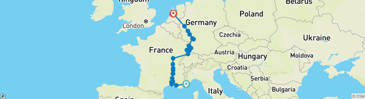 Image of a map showing the route of the tour