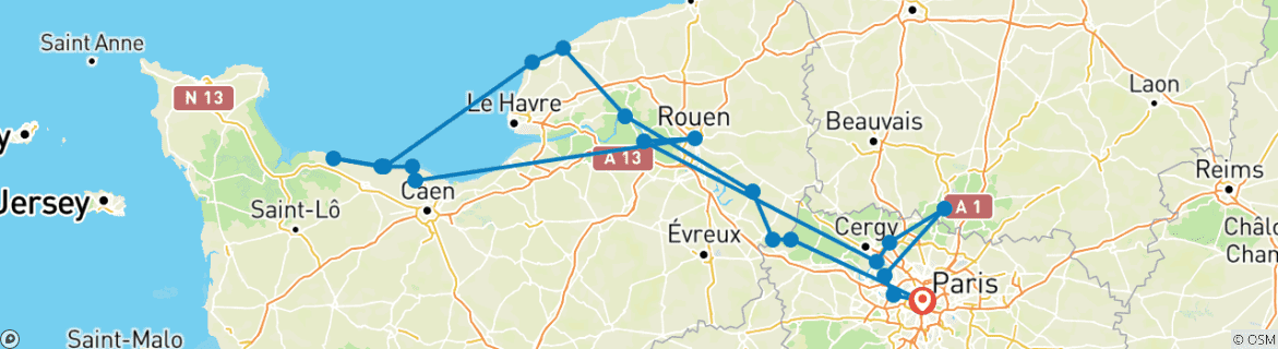 Image of a map showing the route of the tour