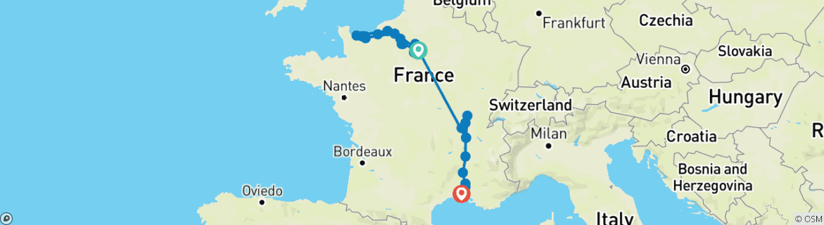 Image of a map showing the route of the tour