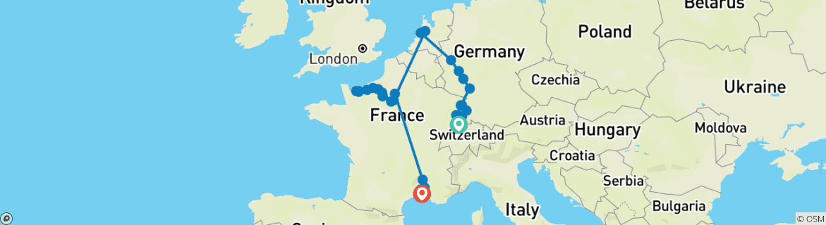 Carte du circuit Chef-d'œuvre européen : le Rhin, la Seine et le Rhône dévoilés 2027