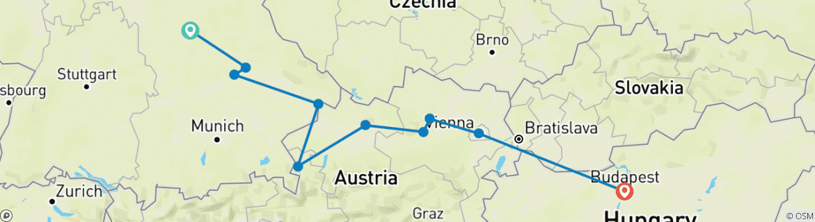 Image of a map showing the route of the tour