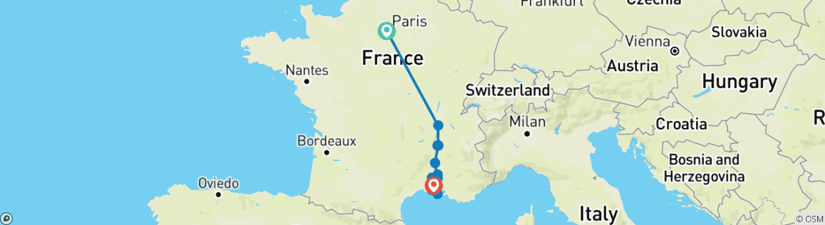 Image of a map showing the route of the tour