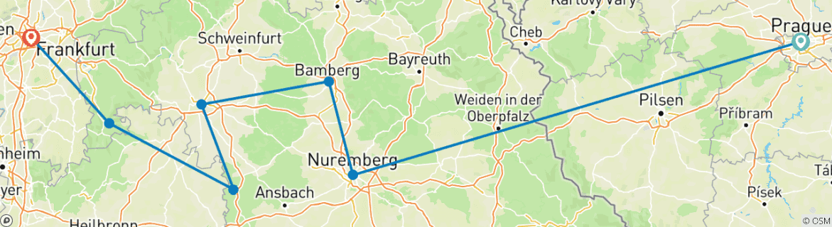 Image of a map showing the route of the tour