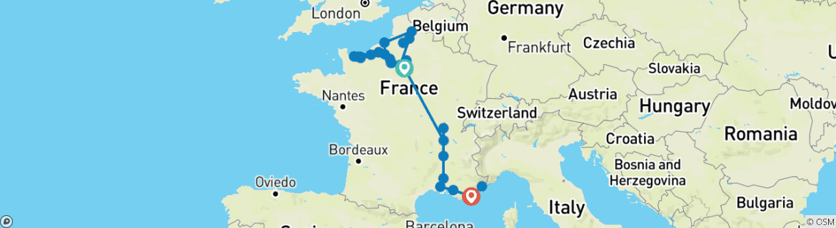 Carte du circuit Grand France avec 2 nuits sur la Côte d'Azur Croisière Mémoire et Histoire de la Seconde Guerre mondiale (vers le sud)