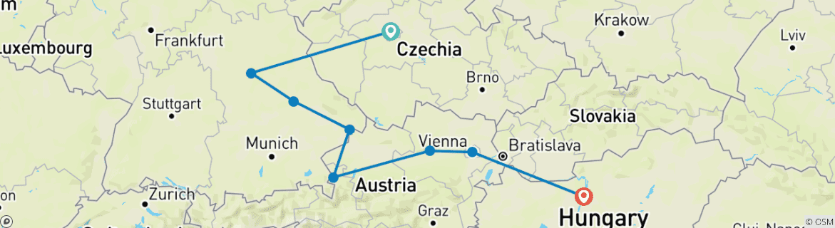 Image of a map showing the route of the tour