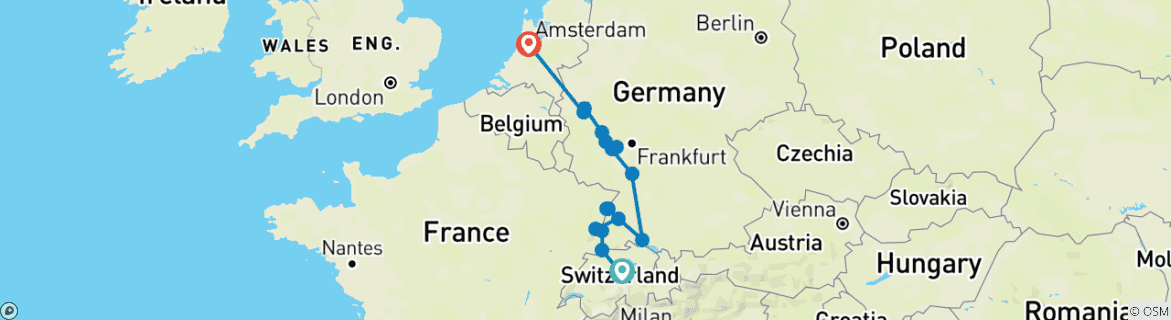 Image of a map showing the route of the tour