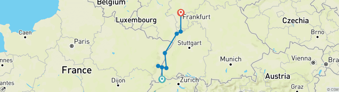 Image of a map showing the route of the tour