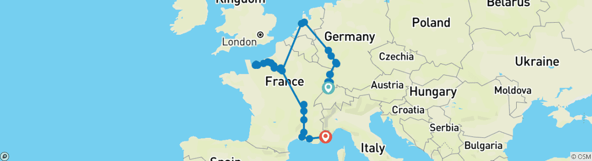Carte du circuit Chef-d'œuvre européen : Le Rhin, la Seine et le Rhône dévoilés avec 2 nuits sur la Côte d'Azur 2027