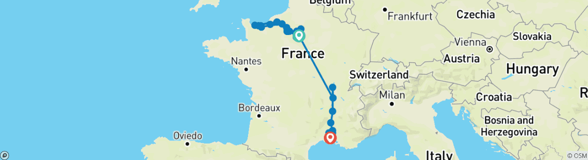Image of a map showing the route of the tour