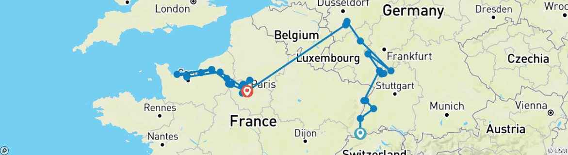 Image of a map showing the route of the tour