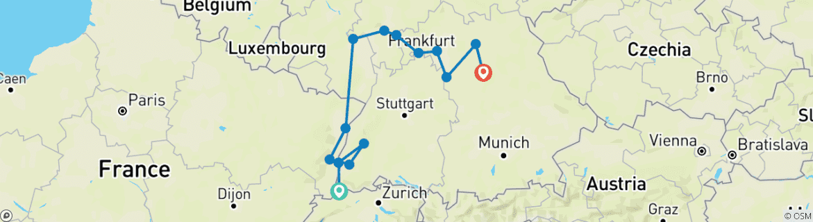 Image of a map showing the route of the tour
