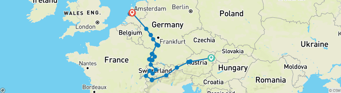 Image of a map showing the route of the tour
