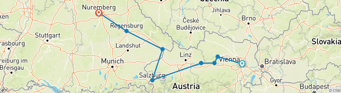 Image of a map showing the route of the tour