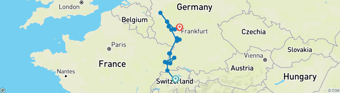 Image of a map showing the route of the tour