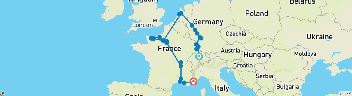 Carte du circuit Chef-d'œuvre européen : le Rhin, la Seine et le Rhône dévoilés avec 2 nuits à Lucerne et 2 nuits sur la Côte d'Azur 2027