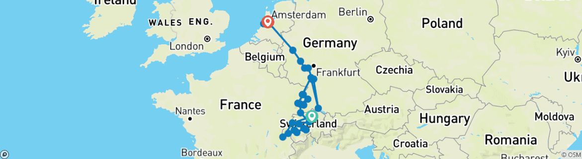 Image of a map showing the route of the tour