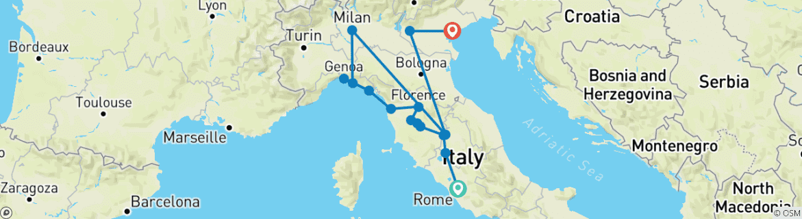 Image of a map showing the route of the tour