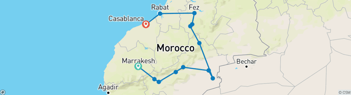 Image of a map showing the route of the tour