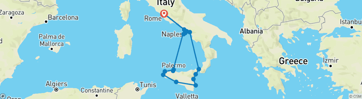 Image of a map showing the route of the tour