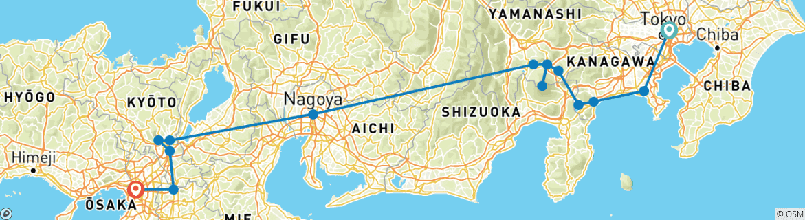 Image of a map showing the route of the tour