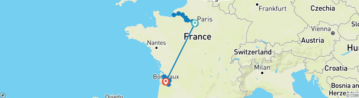 Carte du circuit La Normandie, les joyaux de la Seine et le magnifique Bordeaux 2027/2028 - 21 jours