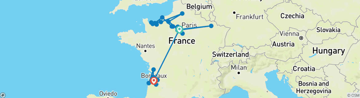 Carte du circuit La Normandie, les joyaux de la Seine et le magnifique Bordeaux 2027/2028 - 21 jours
