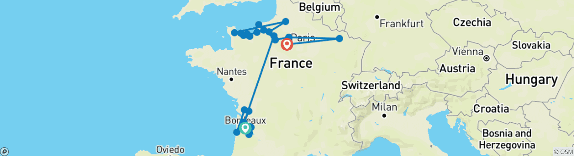 Carte du circuit La Normandie, les joyaux de la Seine et le magnifique Bordeaux 2027/2028 - 21 jours (de Bordeaux à Paris)