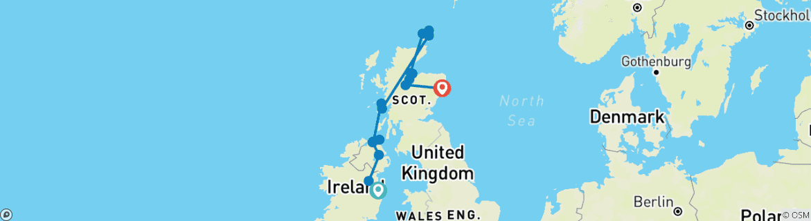 Image of a map showing the route of the tour