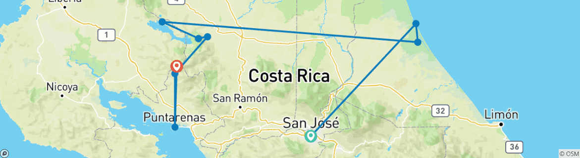 Carte du circuit Merveilles naturelles du Costa Rica - 10 jours