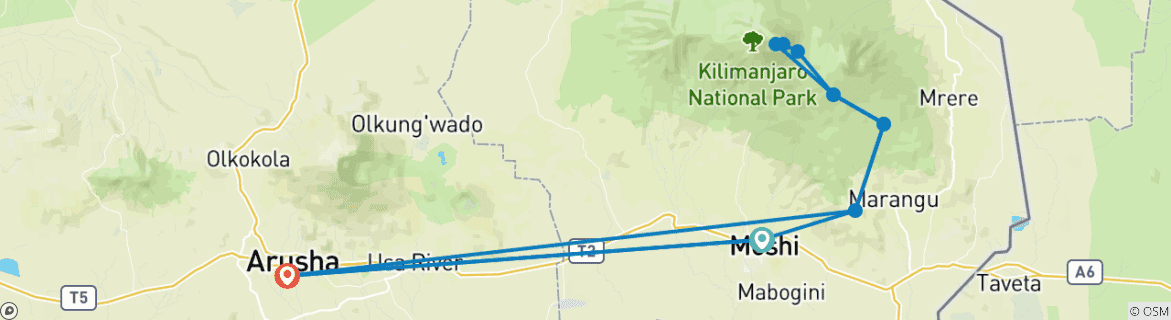 Image of a map showing the route of the tour