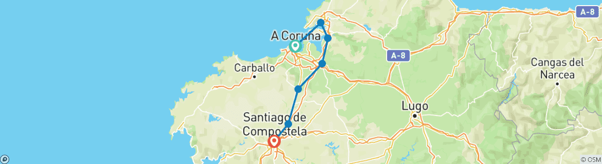 Karte von Der Englische Jakobsweg - von Ferrol nach Santiago de Compostela (10 Tage)