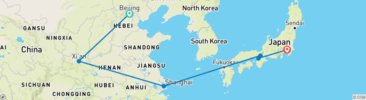 Image of a map showing the route of the tour