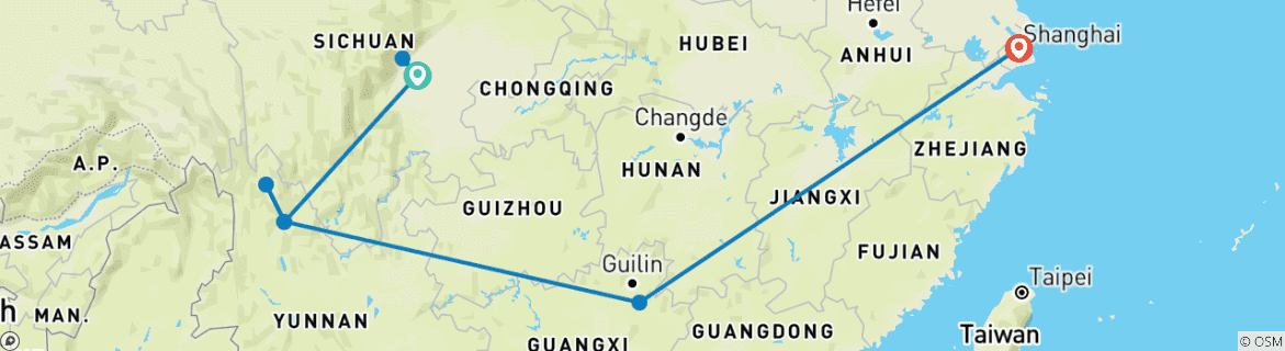 Image of a map showing the route of the tour