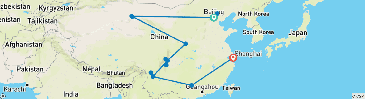 Image of a map showing the route of the tour