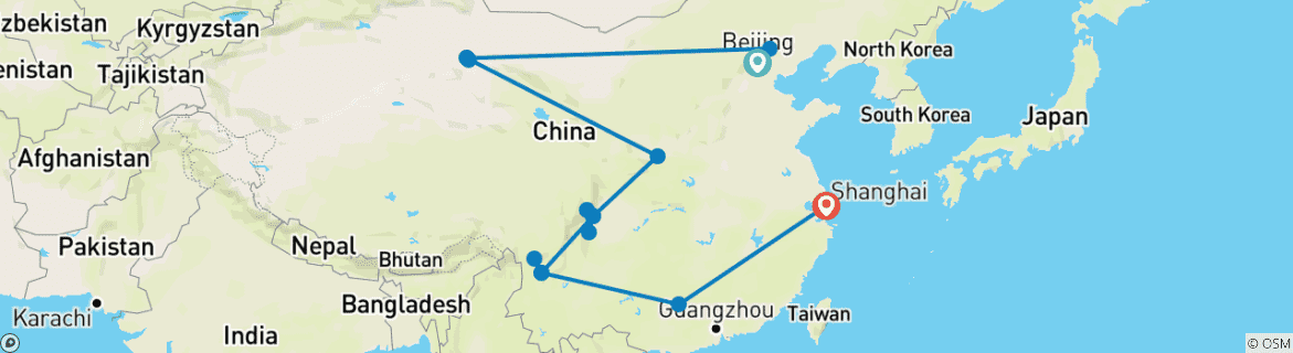 Image of a map showing the route of the tour